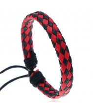 Rhombus Weaving Simple Design Adjustable Wholesale Leather Bracelet - Red with Black