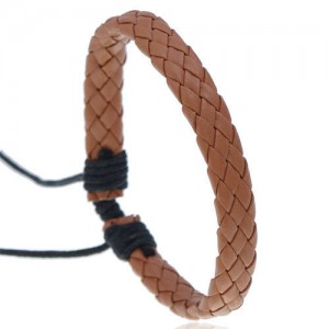 Rhombus Weaving Simple Design Adjustable Wholesale Leather Bracelet - Light Brown