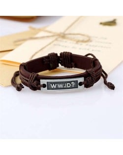 Simple Design Metal Letter Plate Decorated Vintage Leather Rope Man Bracelet - Brown