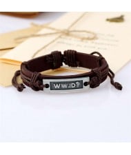 Simple Design Metal Letter Plate Decorated Vintage Leather Rope Man Bracelet - Brown