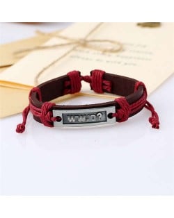 Simple Design Metal Letter Plate Decorated Vintage Leather Rope Man Bracelet - Red