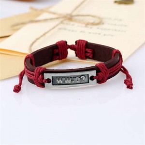 Simple Design Metal Letter Plate Decorated Vintage Leather Rope Man Bracelet - Red