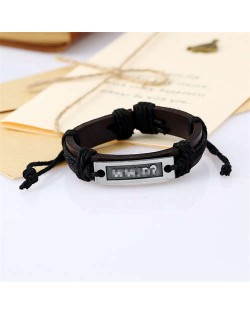 Simple Design Metal Letter Plate Decorated Vintage Leather Rope Man Bracelet - Black