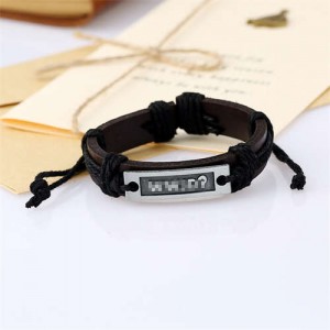 Simple Design Metal Letter Plate Decorated Vintage Leather Rope Man Bracelet - Black