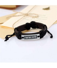 Simple Design Metal Letter Plate Decorated Vintage Leather Rope Man Bracelet - Black