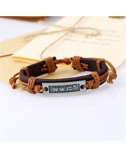 Simple Design Metal Letter Plate Decorated Vintage Leather Rope Man Bracelet - Light Brown