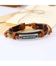 Simple Design Metal Letter Plate Decorated Vintage Leather Rope Man Bracelet - Light Brown