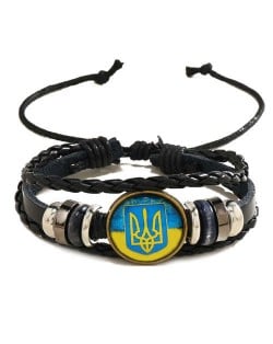 Ukraine Flag Unique Design Round Stone Leather Weaving Man Bracelet