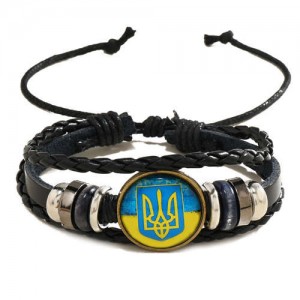 Ukraine Flag Unique Design Round Stone Leather Weaving Man Bracelet
