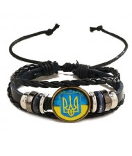 Ukraine Flag Unique Design Round Stone Leather Weaving Man Bracelet