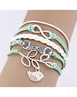Twin Night Owl and Bird Pendants Weaving Fashion Bracelet