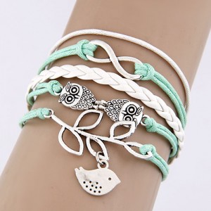 Twin Night Owl and Bird Pendants Weaving Fashion Bracelet