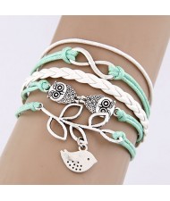 Twin Night Owl and Bird Pendants Weaving Fashion Bracelet