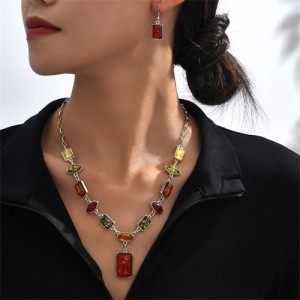 Vintage Multicolor Square Resin Fashion Wholesale Necklace and Earrings Jewelry Set