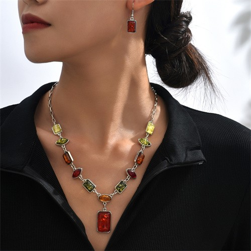 Vintage Multicolor Square Resin Fashion Wholesale Necklace and Earrings Jewelry  Set