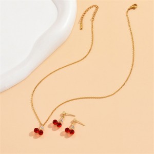 Sweet Red Cherry Pendant Office Lady Necklace and Earrings Jewelry Set