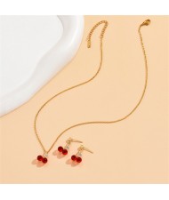 Sweet Red Cherry Pendant Office Lady Necklace and Earrings Jewelry Set