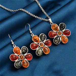 Multicolor Flower Pendant Necklace and Earrings Fashion Jewelry Set
