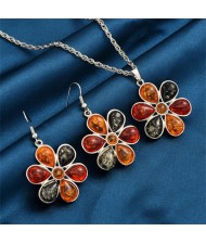 Multicolor Flower Pendant Necklace and Earrings Fashion Jewelry Set