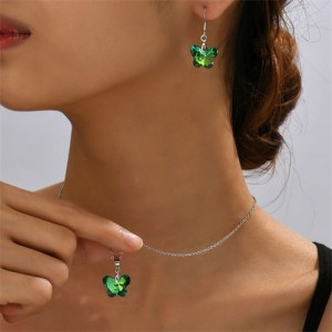 Green Crystal Butterfly Pendant Necklace and Earrings Dinner Party Jewelry Set