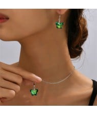 Green Crystal Butterfly Pendant Necklace and Earrings Dinner Party Jewelry Set