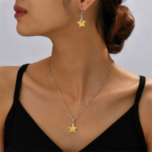 Yellow Crystal Starfish Pendant Necklace and Earrings Dinner Party Jewelry Set