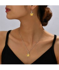 Yellow Crystal Starfish Pendant Necklace and Earrings Dinner Party Jewelry Set