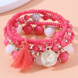 Vintage Alloy Coin Pendant Tassel Multi-layeys Bead Fashion Wholesale  Bracelet - Red