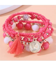 Vintage Alloy Coin Pendant Tassel Multi-layeys Bead Fashion Wholesale  Bracelet - Red