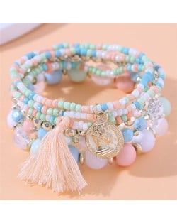 Vintage Alloy Coin Pendant Tassel Multi-layeys Bead Fashion Wholesale  Bracelet - Red