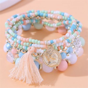 Vintage Alloy Coin Pendant Tassel Multi-layeys Bead Fashion Wholesale  Bracelet - Colorful