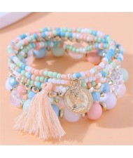 Vintage Alloy Coin Pendant Tassel Multi-layeys Bead Fashion Wholesale  Bracelet - Colorful