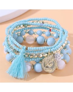 Vintage Alloy Coin Pendant Tassel Multi-layeys Bead Fashion Wholesale  Bracelet - Red