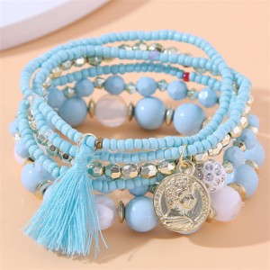 Vintage Alloy Coin Pendant Tassel Multi-layeys Bead Fashion Wholesale  Bracelet - Blue