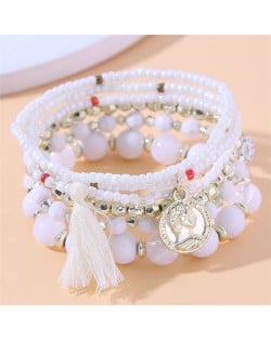 Vintage Alloy Coin Pendant Tassel Multi-layeys Bead Fashion Wholesale  Bracelet - Blue