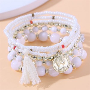 Vintage Alloy Coin Pendant Tassel Multi-layeys Bead Fashion Wholesale  Bracelet - White