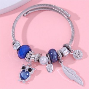 Blue Theme Owl and Leaf Pendants Multi-elements Wholesale Fashion Bangle