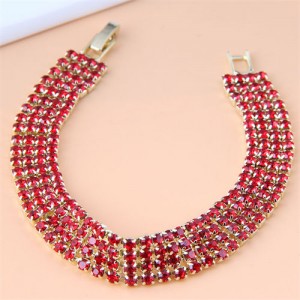 Korean Fashion Sparkling Rhinestone Women Statement Bracelet - Red