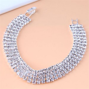 Korean Fashion Sparkling Rhinestone Women Statement Bracelet - Silver