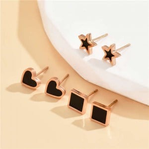 Square and Black Hearts Minimalist Style Women Wholesale Combo Stud Earrings