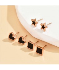 Square and Black Hearts Minimalist Style Women Wholesale Combo Stud Earrings