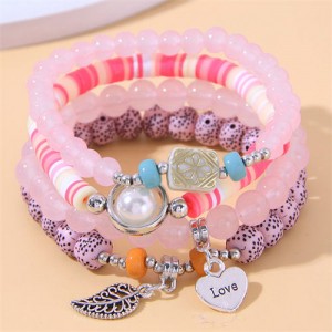 Bohemian Fashion Love and Leaf Pendants Multi-layers Women Bracelet - Pink