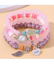 Bohemian Fashion Love and Leaf Pendants Multi-layers Women Bracelet - Pink