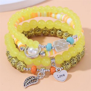 Bohemian Fashion Love and Leaf Pendants Multi-layers Women Bracelet - Yellow