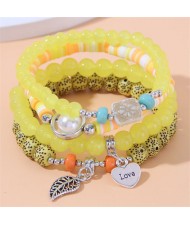 Bohemian Fashion Love and Leaf Pendants Multi-layers Women Bracelet - Yellow