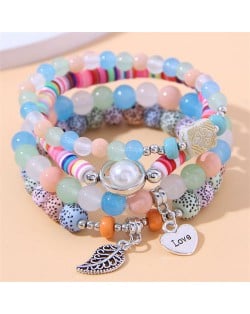 Bohemian Fashion Love and Leaf Pendants Multi-layers Women Bracelet - Pink