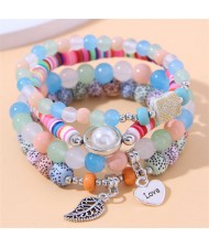 Bohemian Fashion Love and Leaf Pendants Multi-layers Women Bracelet - Pink