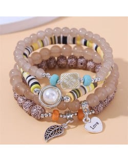 Bohemian Fashion Love and Leaf Pendants Multi-layers Women Bracelet - Yellow