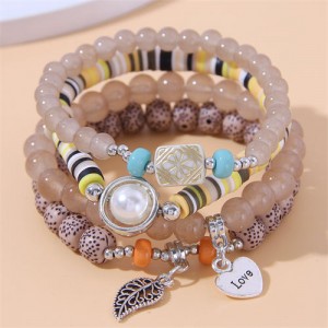 Bohemian Fashion Love and Leaf Pendants Multi-layers Women Bracelet - Brown