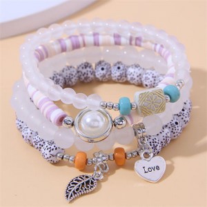 Bohemian Fashion Love and Leaf Pendants Multi-layers Women Bracelet - White